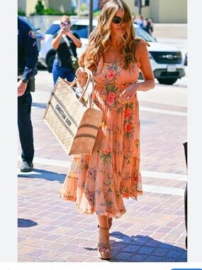 NWOT Zimmermann Peach Floral Tiered Midi Dress